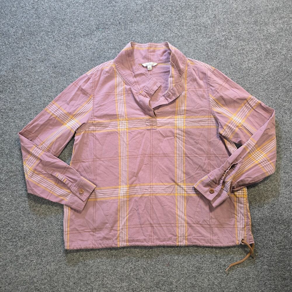 LL Bean Signature Top Womens Large Pink Plaid 1/4 Button Long Sleeve Drawstring